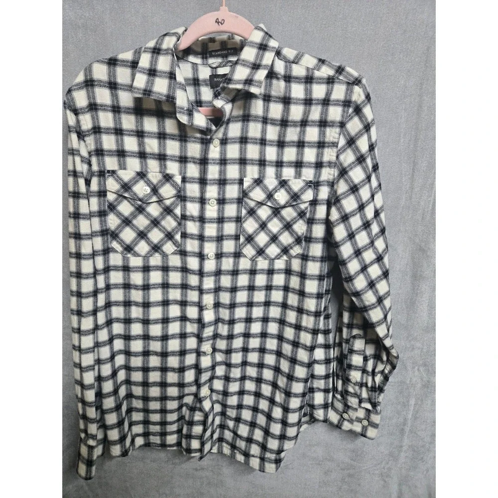 Banana Republic Mens Black White Plaid Flannel Shirt Standard Fit Cotton Medium